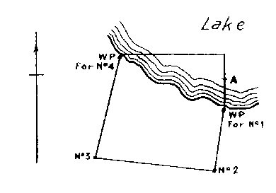 Diagram of claim without No. 1 and 4 posts. Witness post on lake edge at northwest corner and east boundary. Point A in lake.