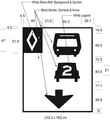 Illustration of Figure D - overhead sign with HOV diamond symbol, bus, car with number 2 inside it, and down arrow. 