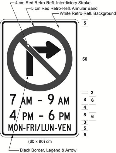 Illustration of sign with a no right turn symbol, text 7 AM - 9 AM, 4 PM - 6 PM, MON-FRI/LUN-VEN.