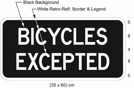 Illustration of tab sign with white text BICYCLES EXCEPTED on black background.
