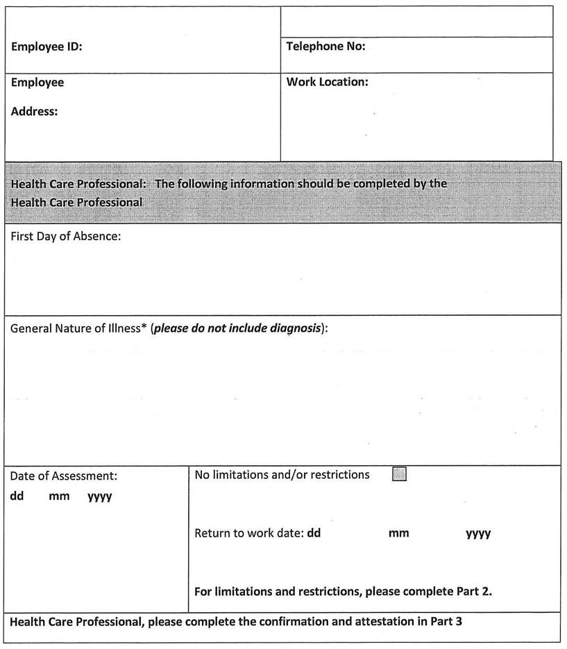 Appendix C:
Page 2
Part 1: A medical information form to be completed if the employer requests medical information from an employee.