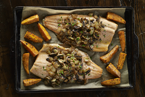 Trout Topped with Caramelized Onions and Mushrooms